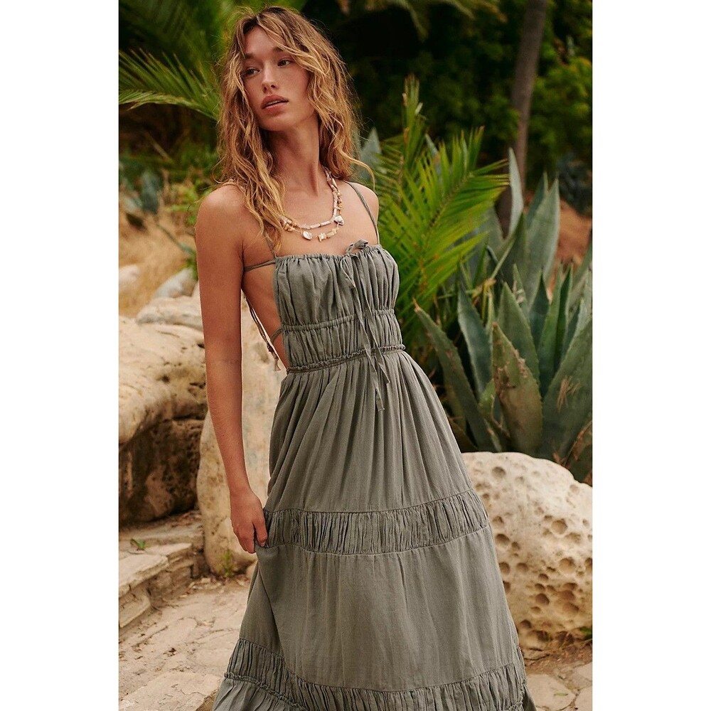 NWT Free People Olive Green Tiered Maxi Dress - Picture 3 of 9